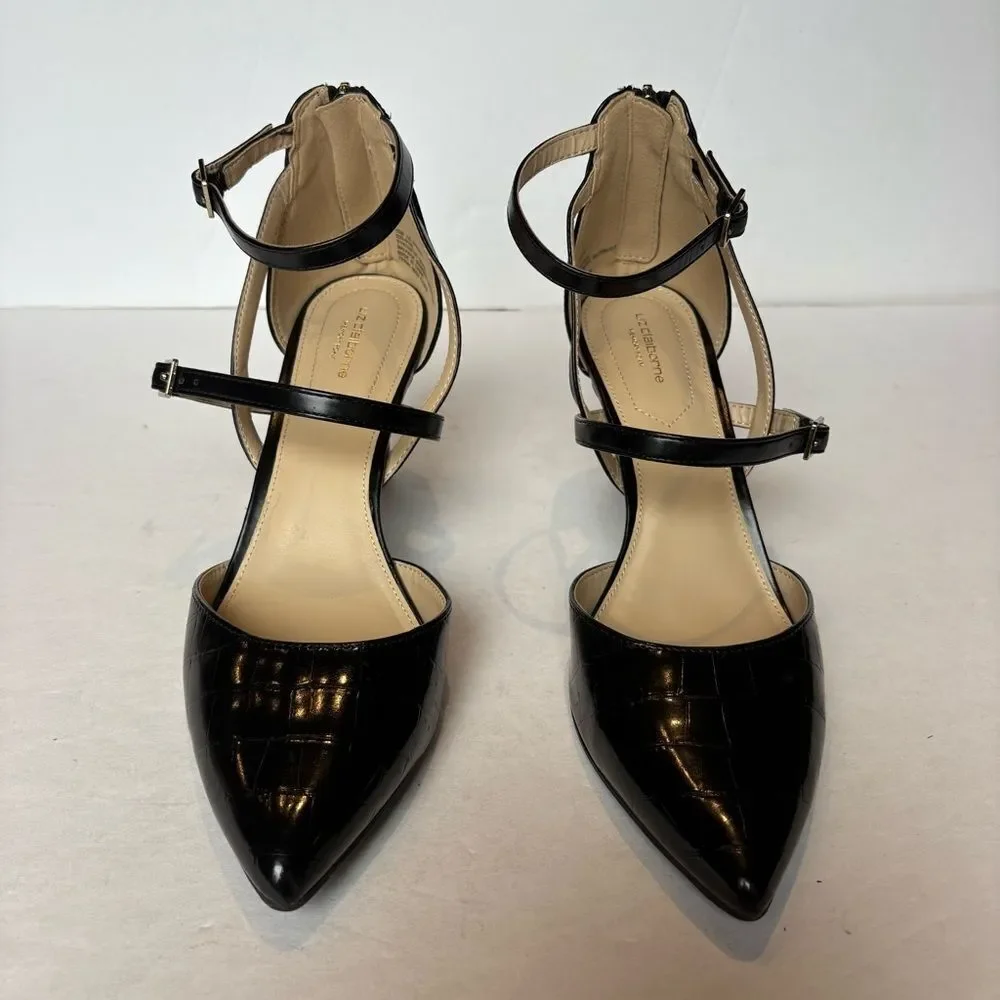 Liz Claiborne Women's Black Strappy Heels Harvey Back Zipper Size 10M